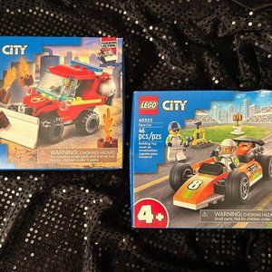 Lot Of 2 New In Box Retired LEGO 60279 City Fire Hazard Truck & 60322 Race Car